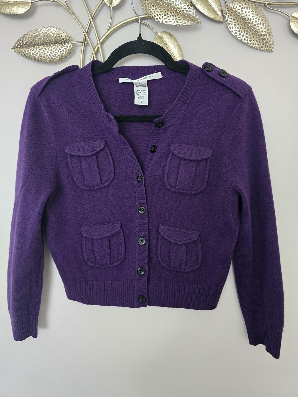 Diane Von Furstenberg Y2K Purple Button-Front Pocket Cropped Cardigan Wool Soft